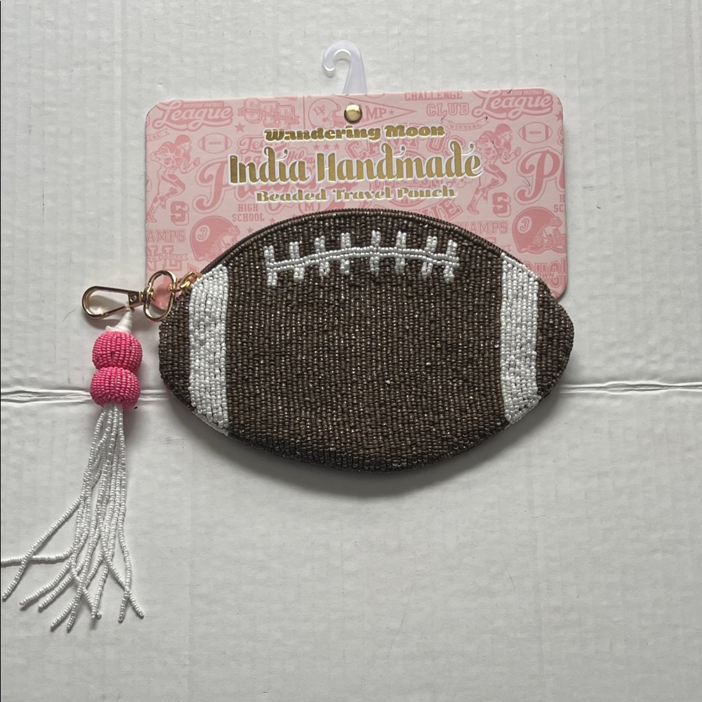 Brown and White Beaded Football Pouch